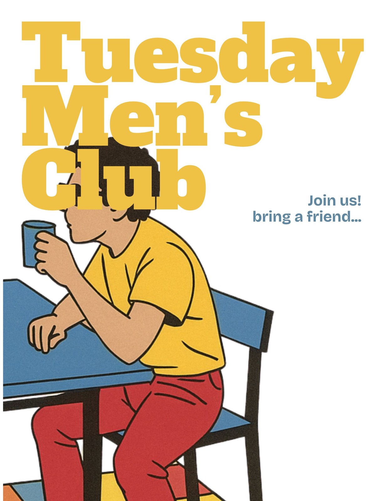 May 13, 2025: a drawn man at a table with a mug.